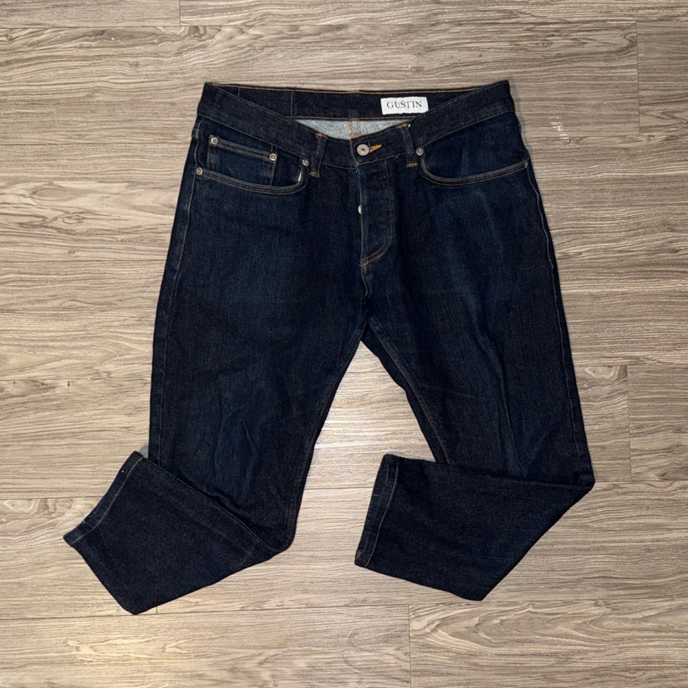 Gustin Jeans Mens Sz 33 Short Blue Slim Selvedge Denim Dark Indigo Button Fly